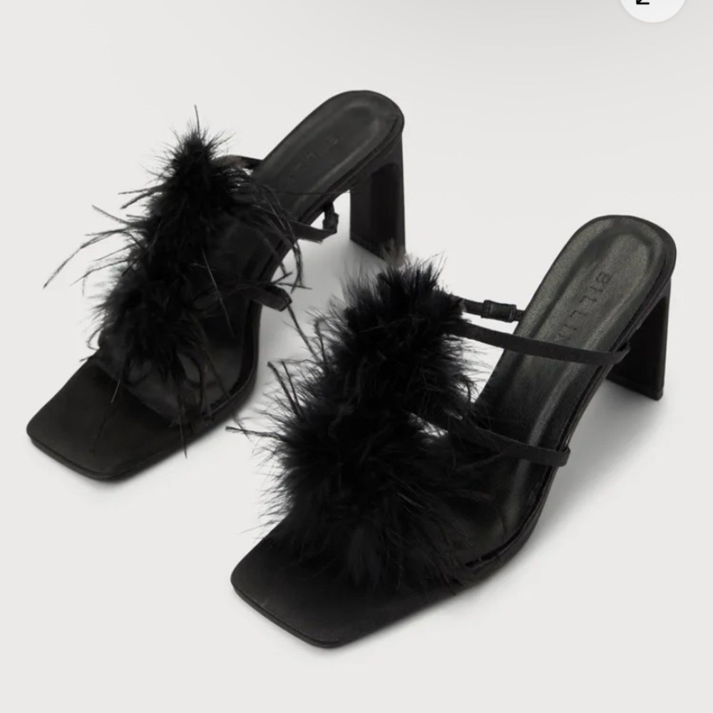 Billini Kayden black satin feather slide-on high heel sandals